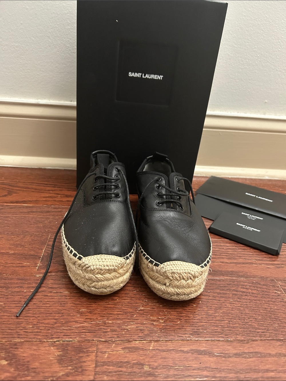 Saint Laurent Black Leather Espadrille-Style Lace-Up Slip-Ons